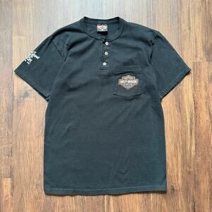 Harley-Davidson 1999 Henley T-Shirt Black Pocket Tee Men’s Medium USA